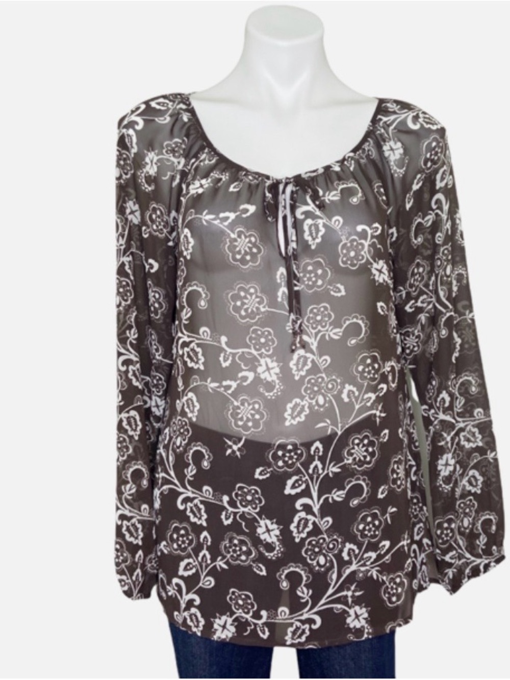 LOFT Brown and White Sheer Floral Tie-Front Blouse